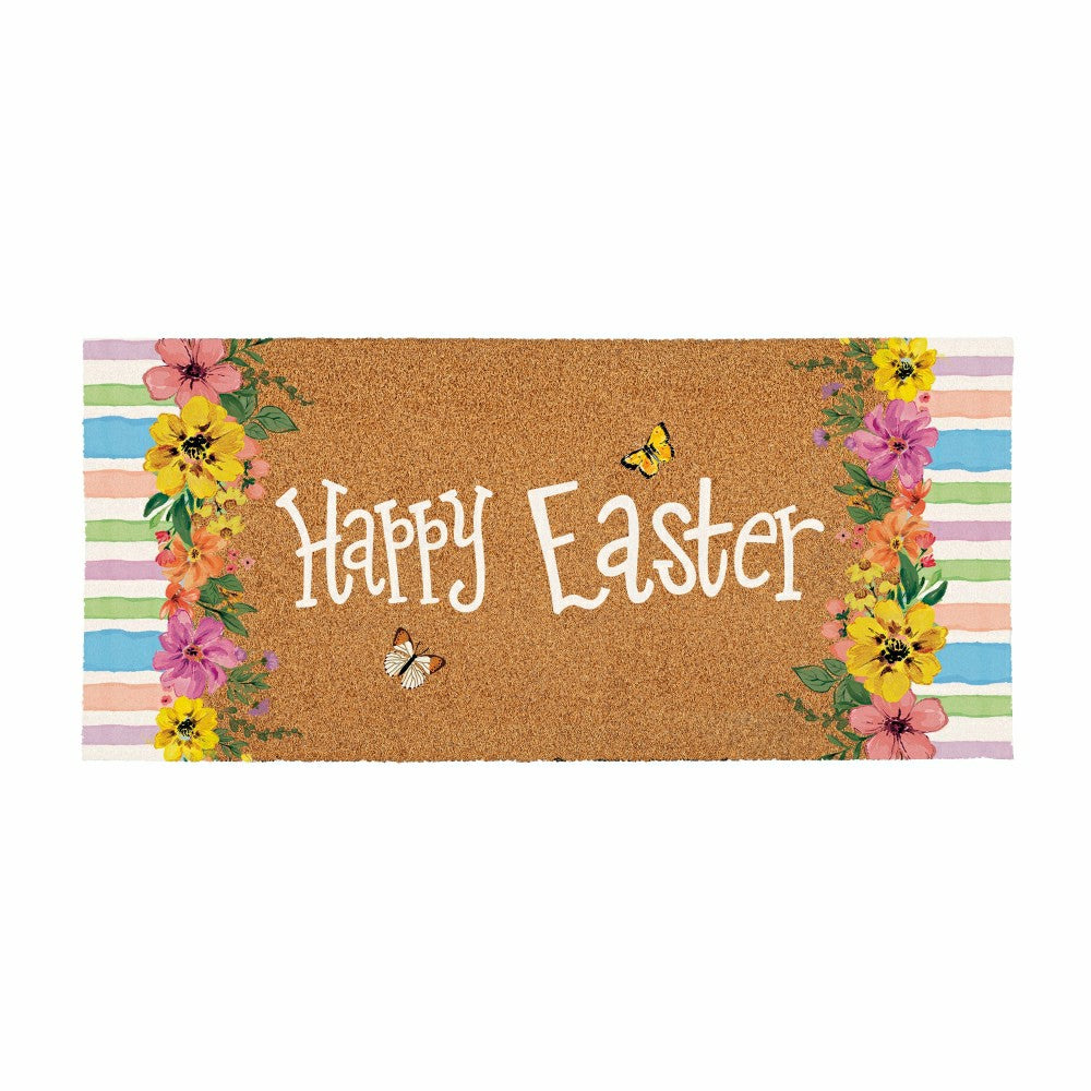 Plow & Hearth Bunny Blooms Floral Bunny, Flocked Coir Sassafras Switch Mat 22"x10"