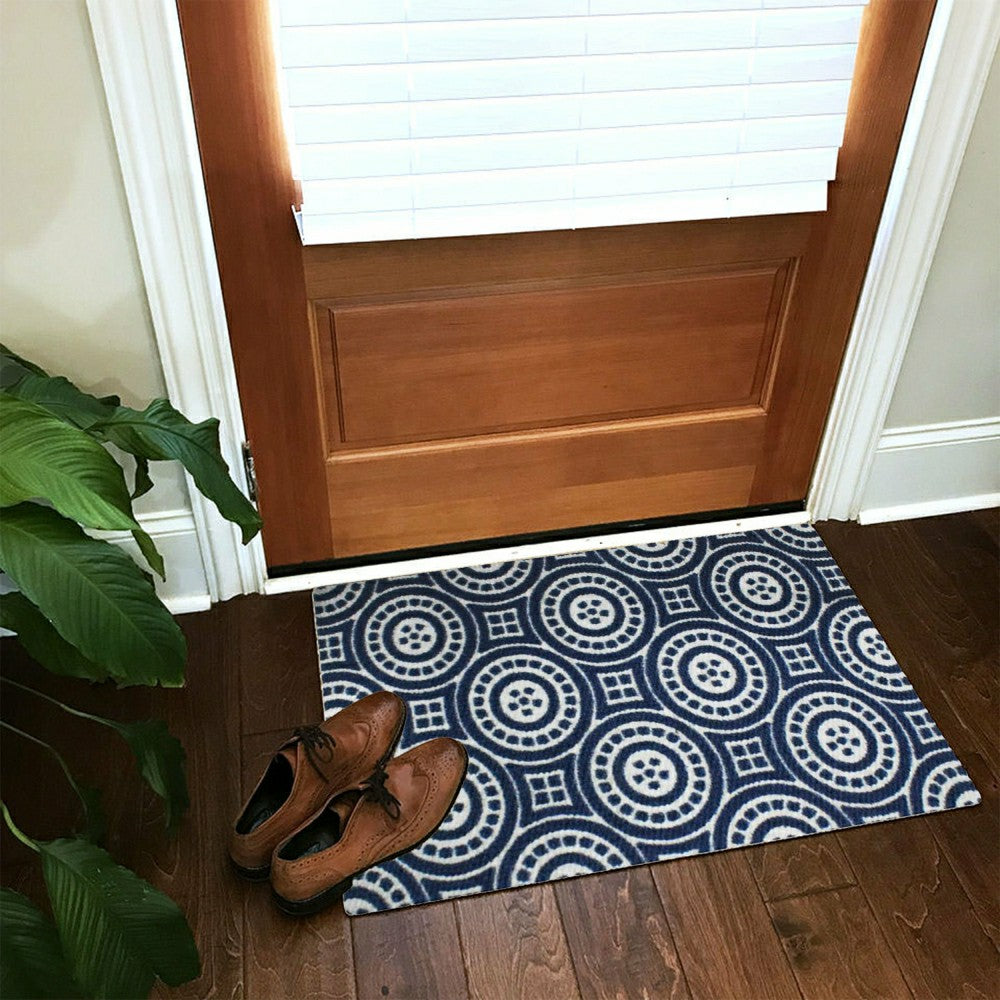 Plow & Hearth Neighburly Medallions Doormat,Navy & White Double Door