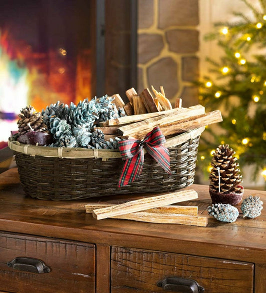 Plow & Hearth Fire Starter Holiday Gift Basket with Fatwood, Color Cones and Wax Con