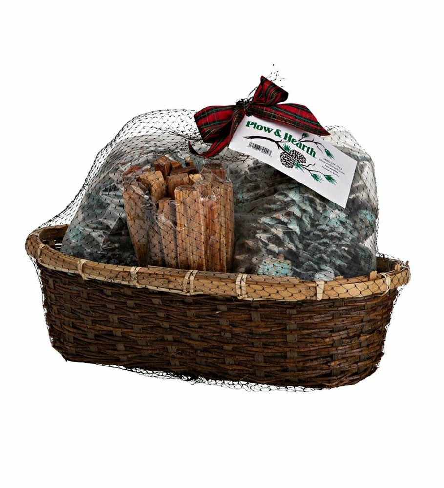 Plow & Hearth Fire Starter Holiday Gift Basket with Fatwood, Color Cones and Wax Con