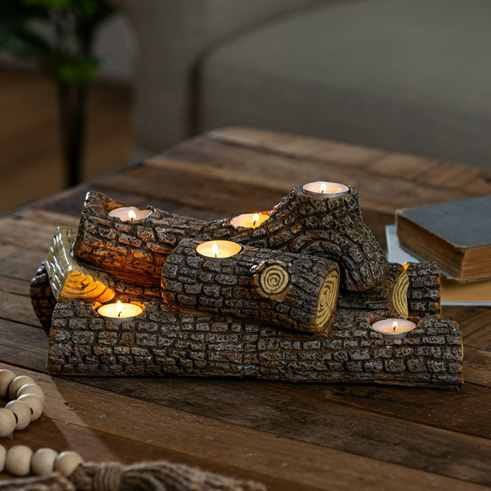Plow & Hearth Resin Oak Logs Hearth Candle Holder