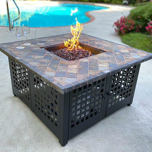 Plow & Hearth Kingsbury Outdoor LP Gas Fire Pit with Slate and Marble Tile Mantel, 4