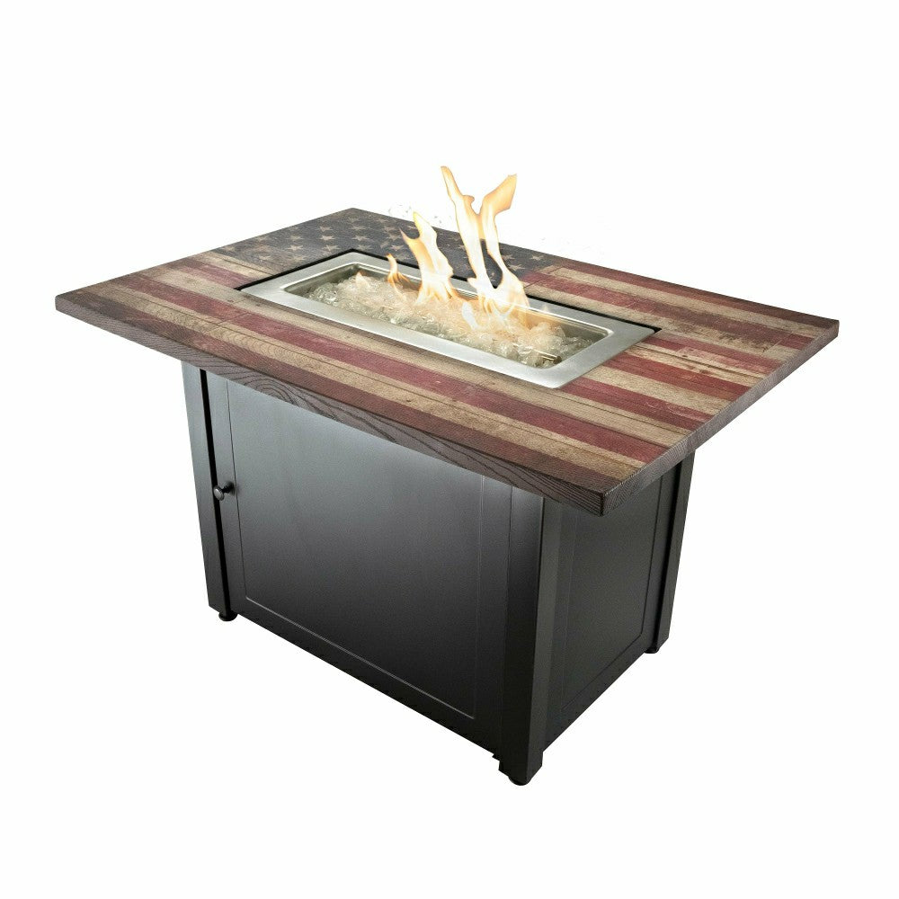 Plow & Hearth Americana Propane Gas Fire Pit with Faux Wood Tabletop and Glass Rocks