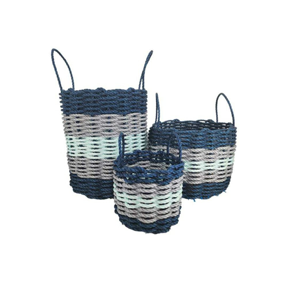 Plow & Hearth Five Stripe Rope Storage Basket Navy Blue, Light Gray, Seafoam