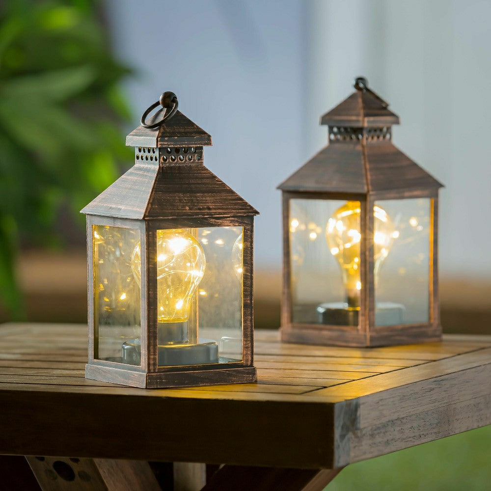 Plow & Hearth 8.5"H Battery Operated Twinkling Light Bulb Lantern, Brushed Bronze; S