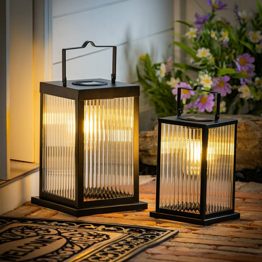 Plow & Hearth Solar Metal Lantern with Edison Bulbs, Set of 2