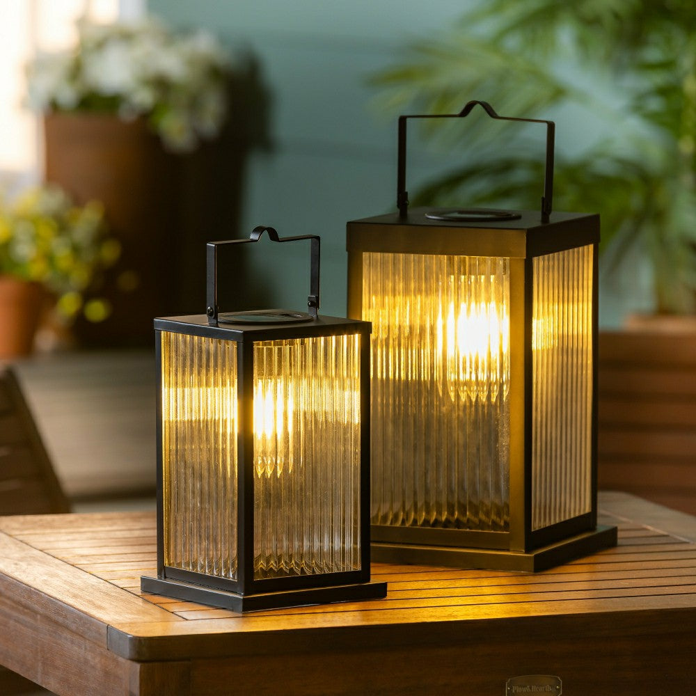 Plow & Hearth Solar Metal Lantern with Edison Bulbs, Set of 2