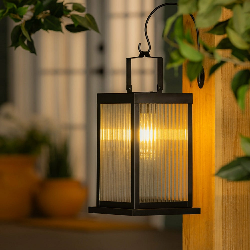 Plow & Hearth Solar Metal Lantern with Edison Bulbs, Set of 2