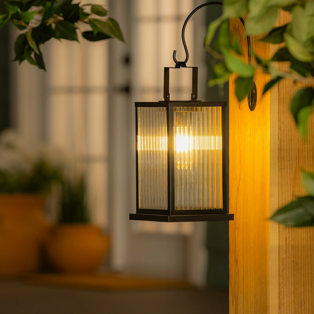 Plow & Hearth Solar Metal Lantern with Edison Bulbs, Set of 2