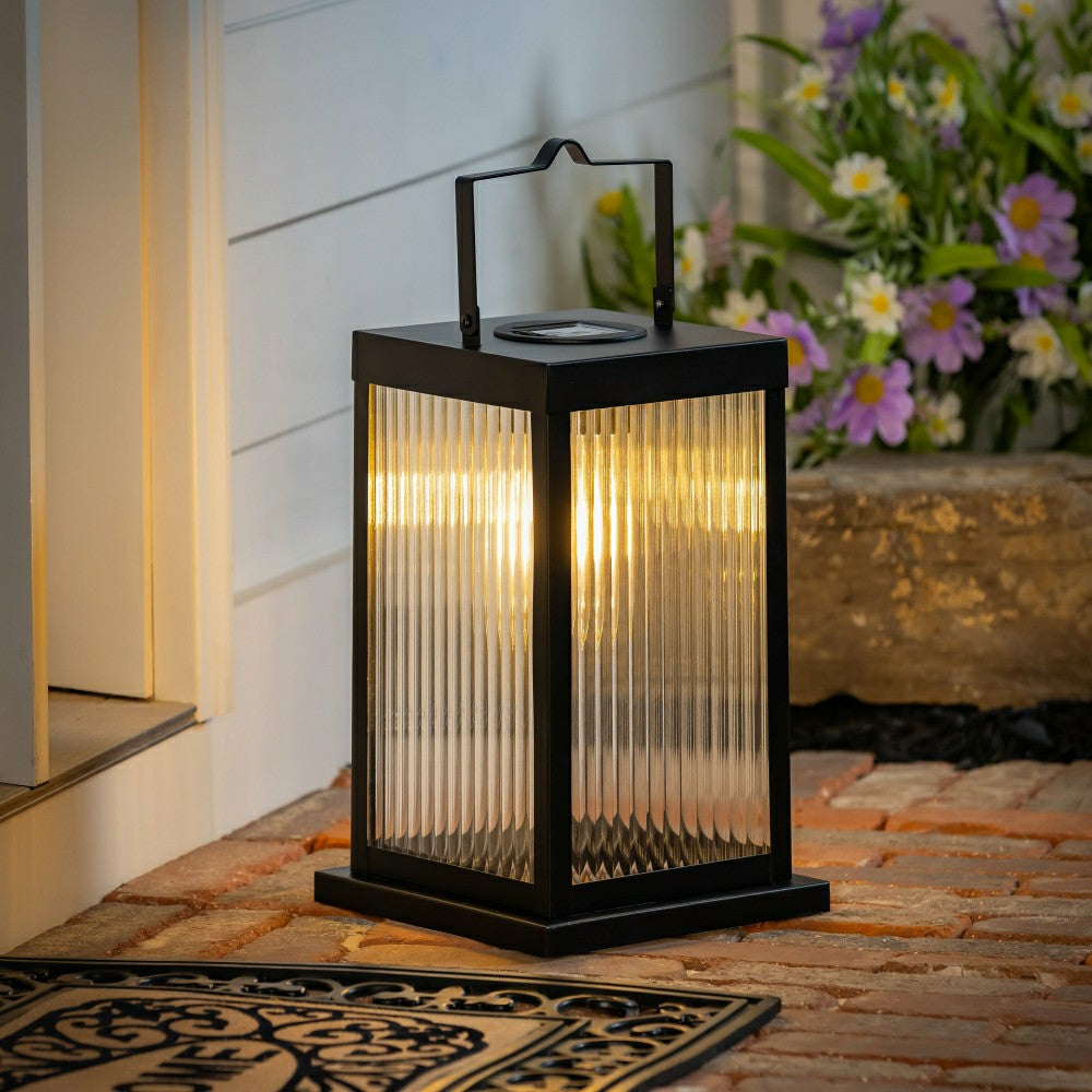 Plow & Hearth Solar Metal Lantern with Edison Bulbs, Set of 2