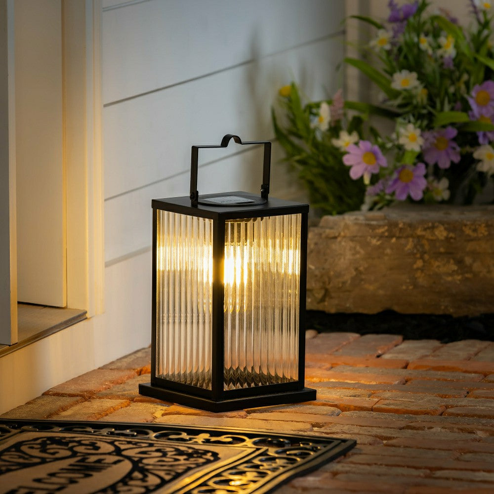 Plow & Hearth Solar Metal Lantern with Edison Bulbs, Set of 2