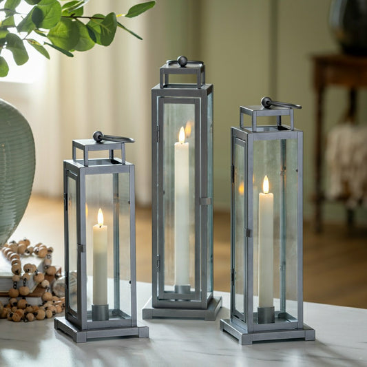 Plow & Hearth Tower Lantern LED Tapered Set of 3 with Gray Finish