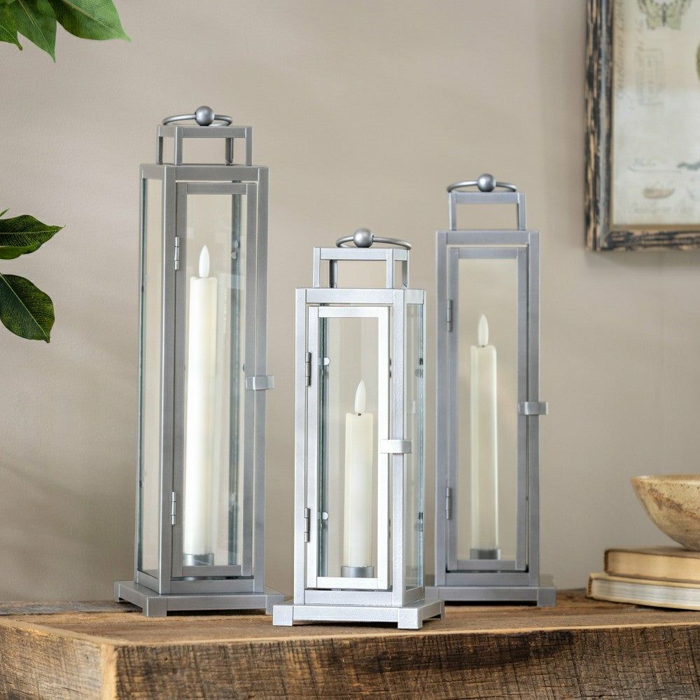 Plow & Hearth Tower Lantern LED Tapered Set of 3 with Gray Finish