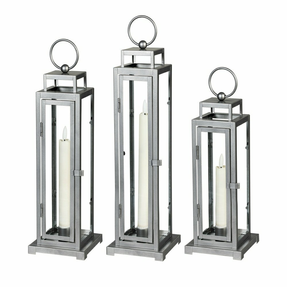 Plow & Hearth Tower Lantern LED Tapered Set of 3 with Gray Finish