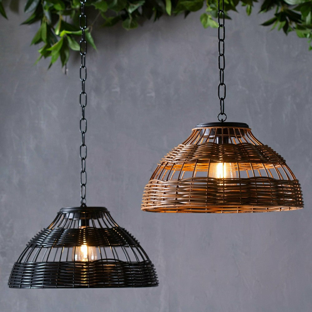 Plow & Hearth All-Weather Wicker Solar Pendant Lamp, Small, Black