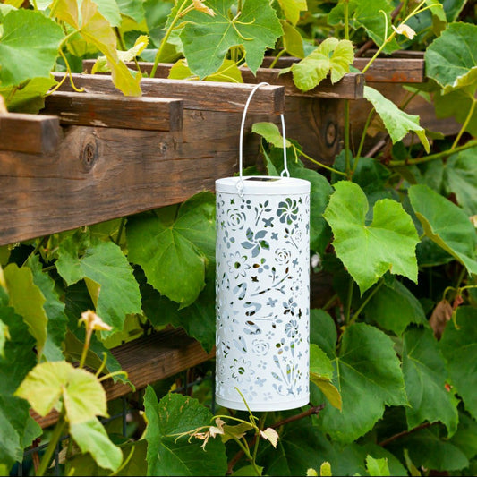 Plow & Hearth Bloom Punched Metal Solar Lantern - White
