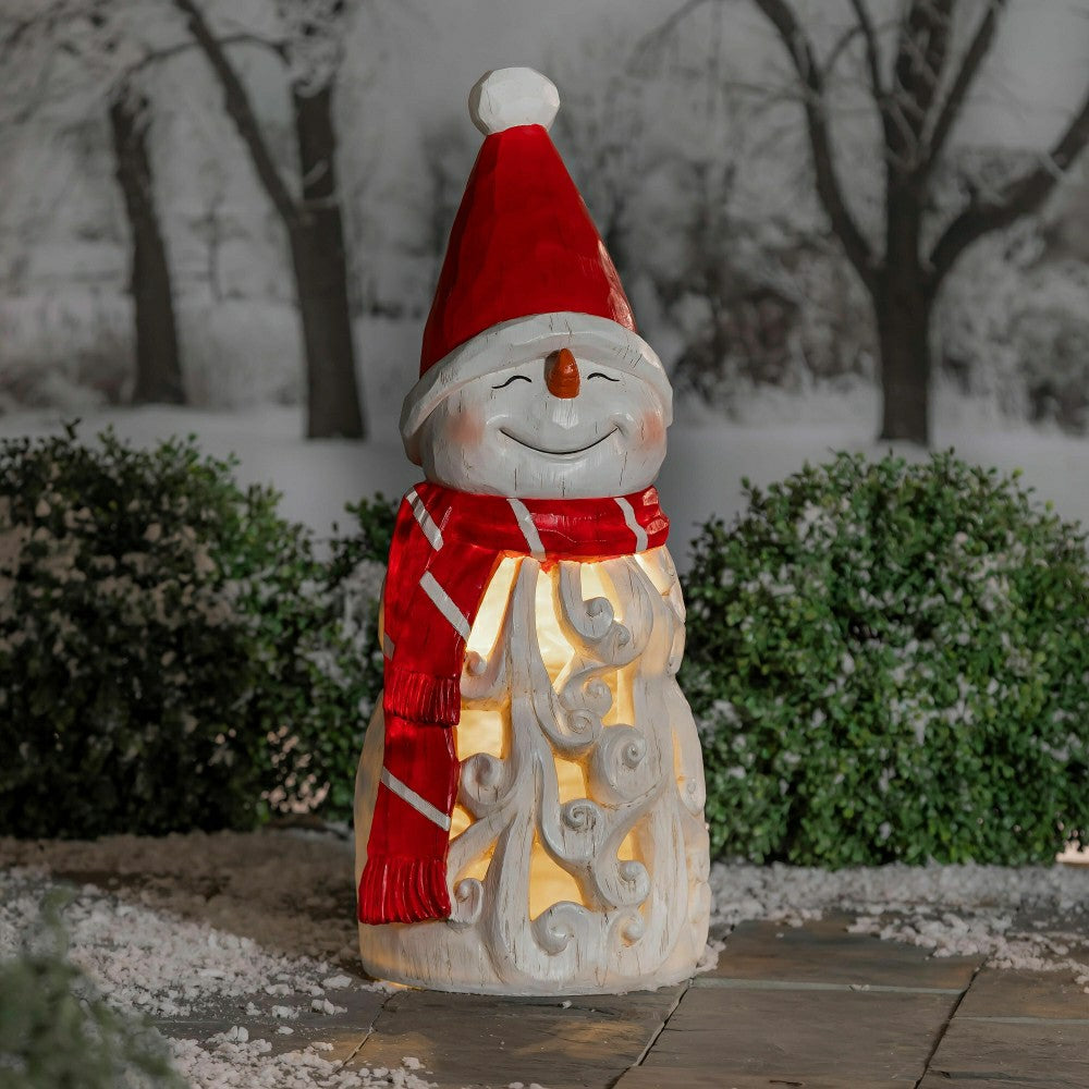Plow & Hearth Carved Lighted Holiday Snowman Statue