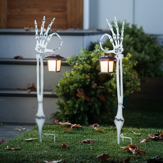 Plow & Hearth Halloween Skeleton Arm Metal Stakes with Solar Lanterns, Set of 2