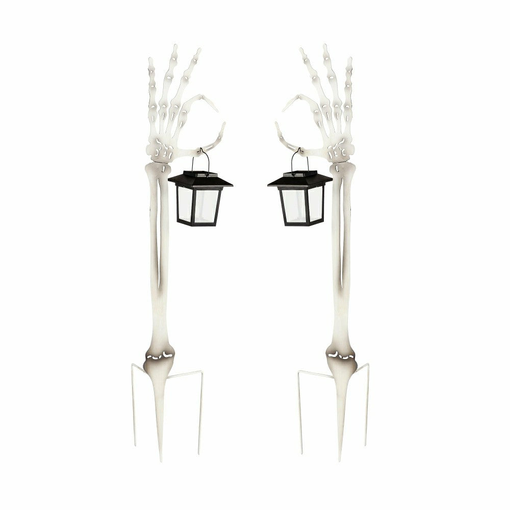 Plow & Hearth Halloween Skeleton Arm Metal Stakes with Solar Lanterns, Set of 2