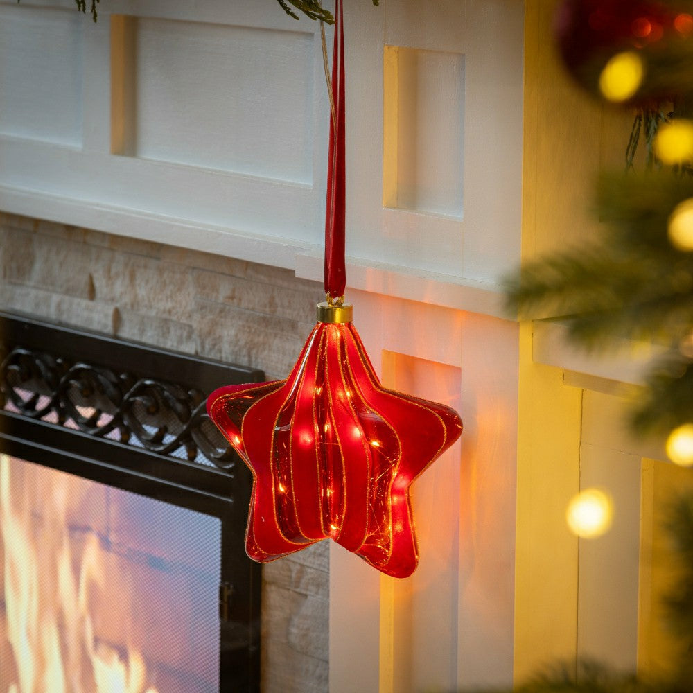 Plow & Hearth Micro LED Red Star Indoor Outdoor Decorative Hanging Light, Warm White