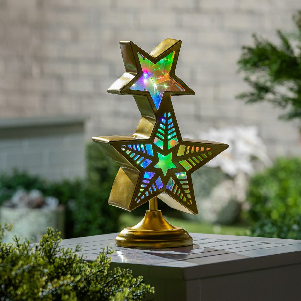 Plow & Hearth Stacked Star LED Color Changing Garden Statue, 14" H