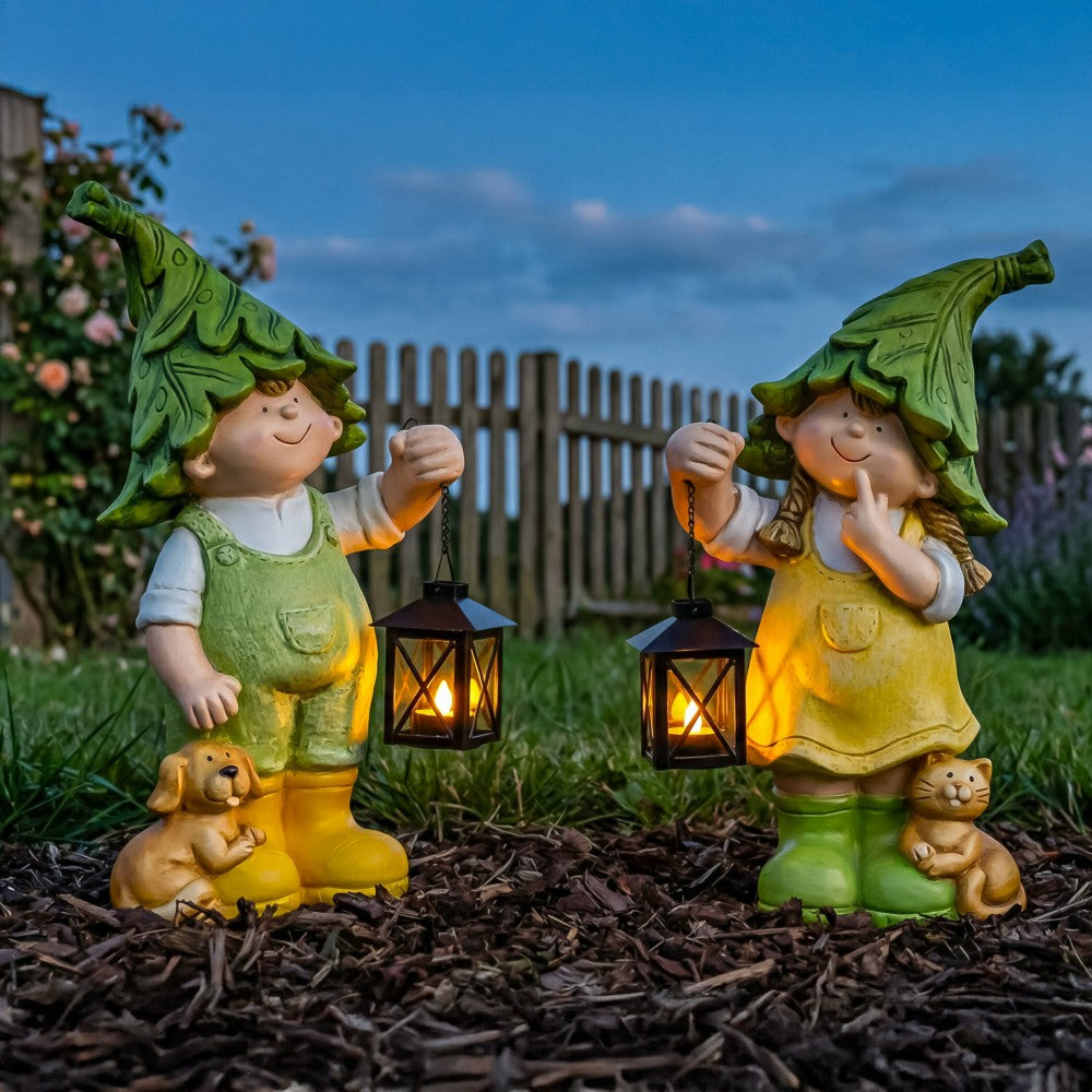 Plow & Hearth Garden Friends Statues with Lanterns, Set of 2