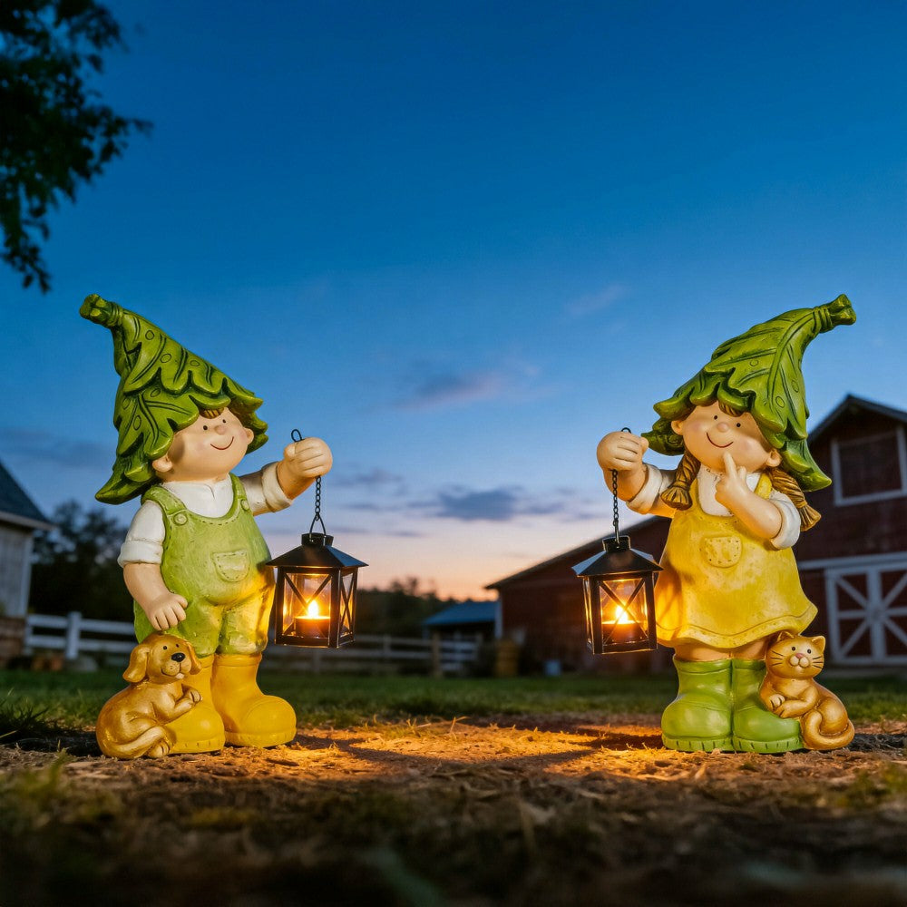 Plow & Hearth Garden Friends Statues with Lanterns, Set of 2