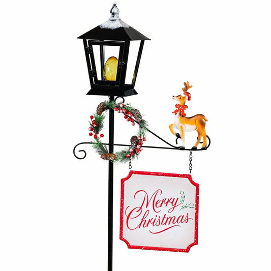 Plow & Hearth Howdy Holidays Garden Statue, LED Metal Statue, Lamp Post, 71"H