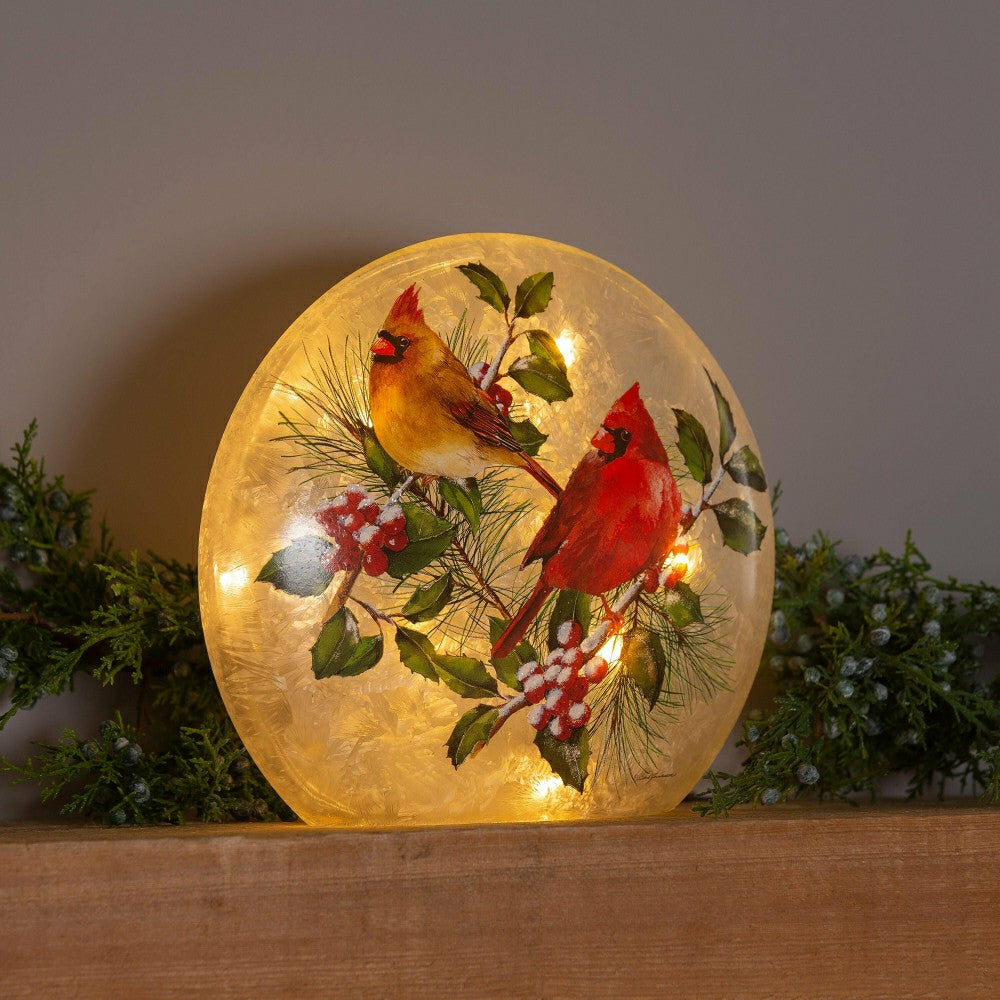 Plow & Hearth Winter Cardinals Frosted Glass Accent Light