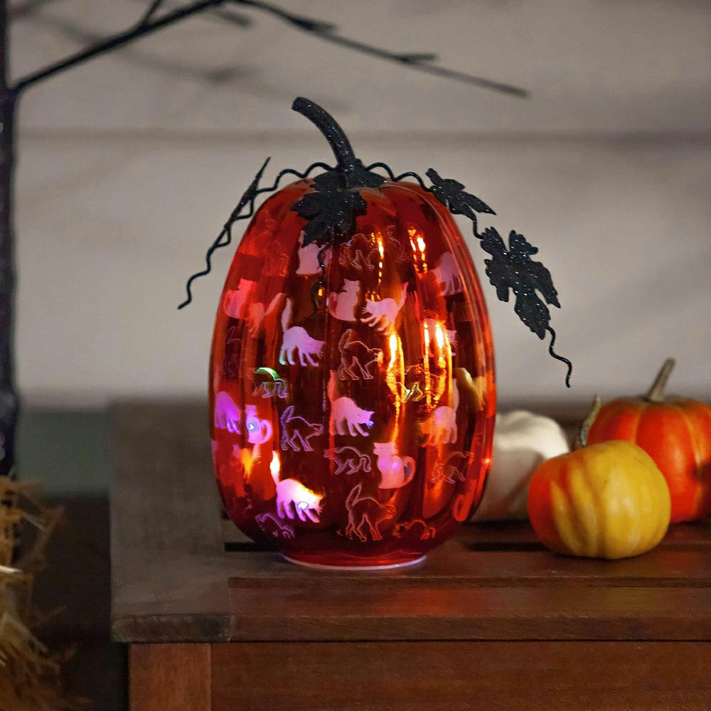 Plow & Hearth Mercury Glass Lighted Orange Pumpkin with Cats