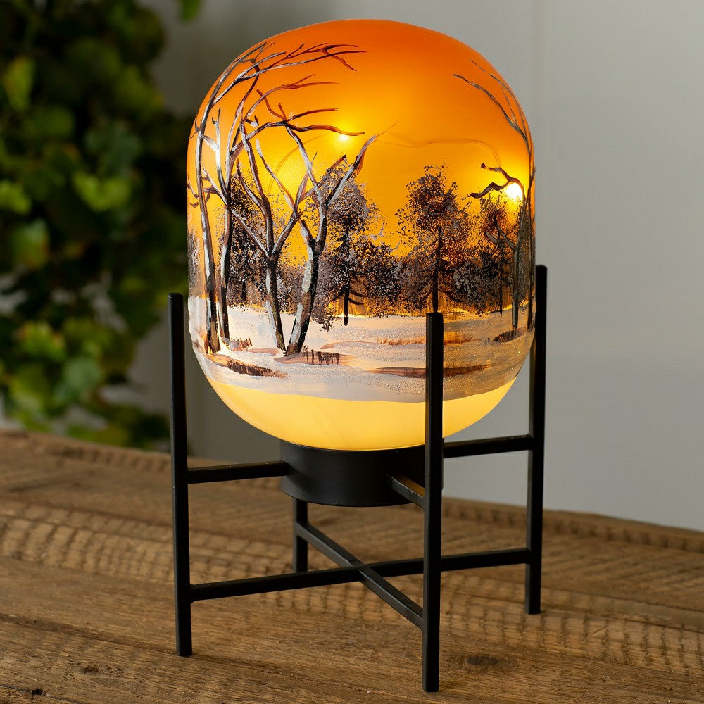 Plow & Hearth Illuminated Harvest Scene Glass Lantern on Metal Stand