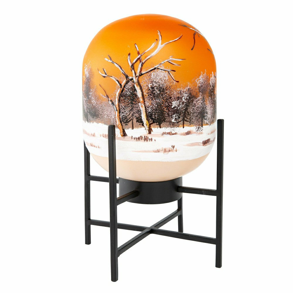 Plow & Hearth Illuminated Harvest Scene Glass Lantern on Metal Stand