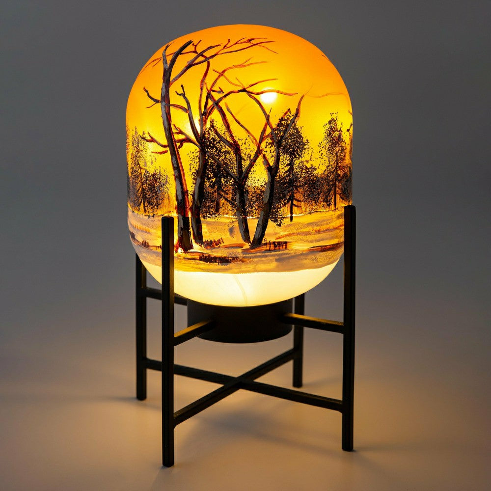 Plow & Hearth Illuminated Harvest Scene Glass Lantern on Metal Stand