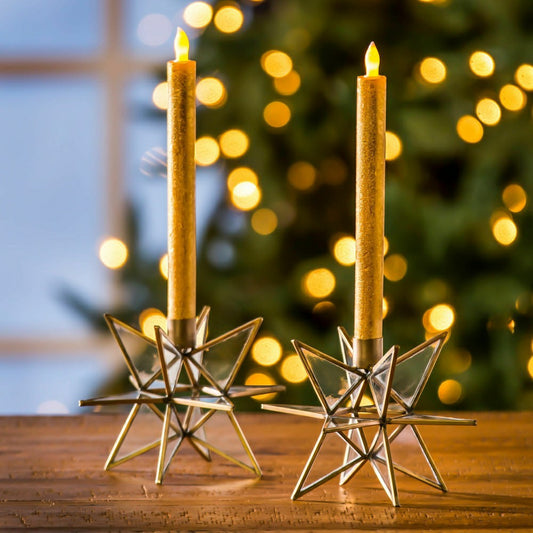 Plow & Hearth Clear Moravian Star Metal Taper Holder, Set of 2, Brass