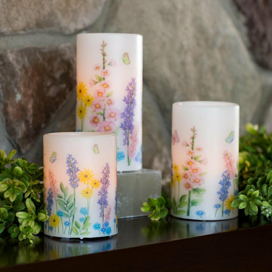 Plow & Hearth Flameless Pillar Candles with Floral Designs, Set of 3