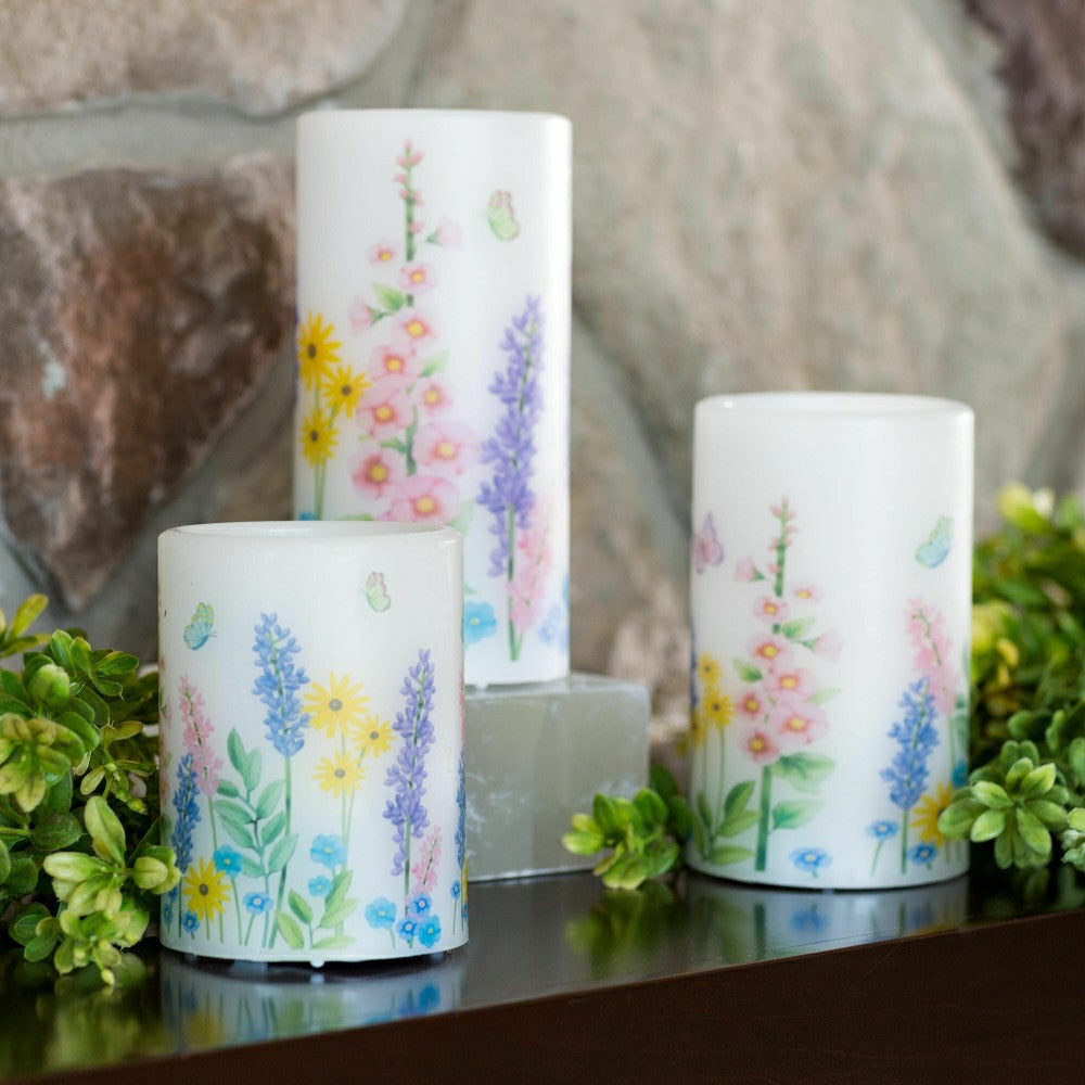 Plow & Hearth Flameless Pillar Candles with Floral Designs, Set of 3