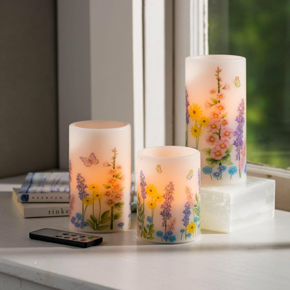 Plow & Hearth Flameless Pillar Candles with Floral Designs, Set of 3