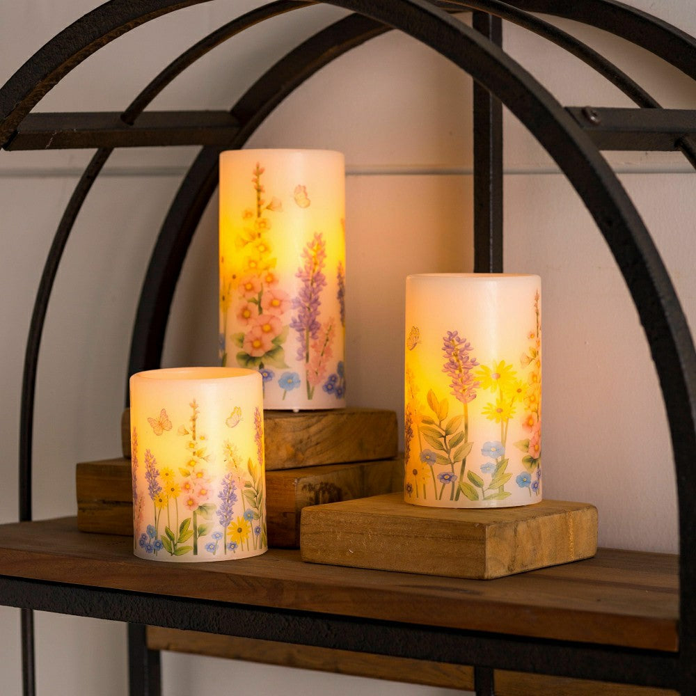 Plow & Hearth Flameless Pillar Candles with Floral Designs, Set of 3