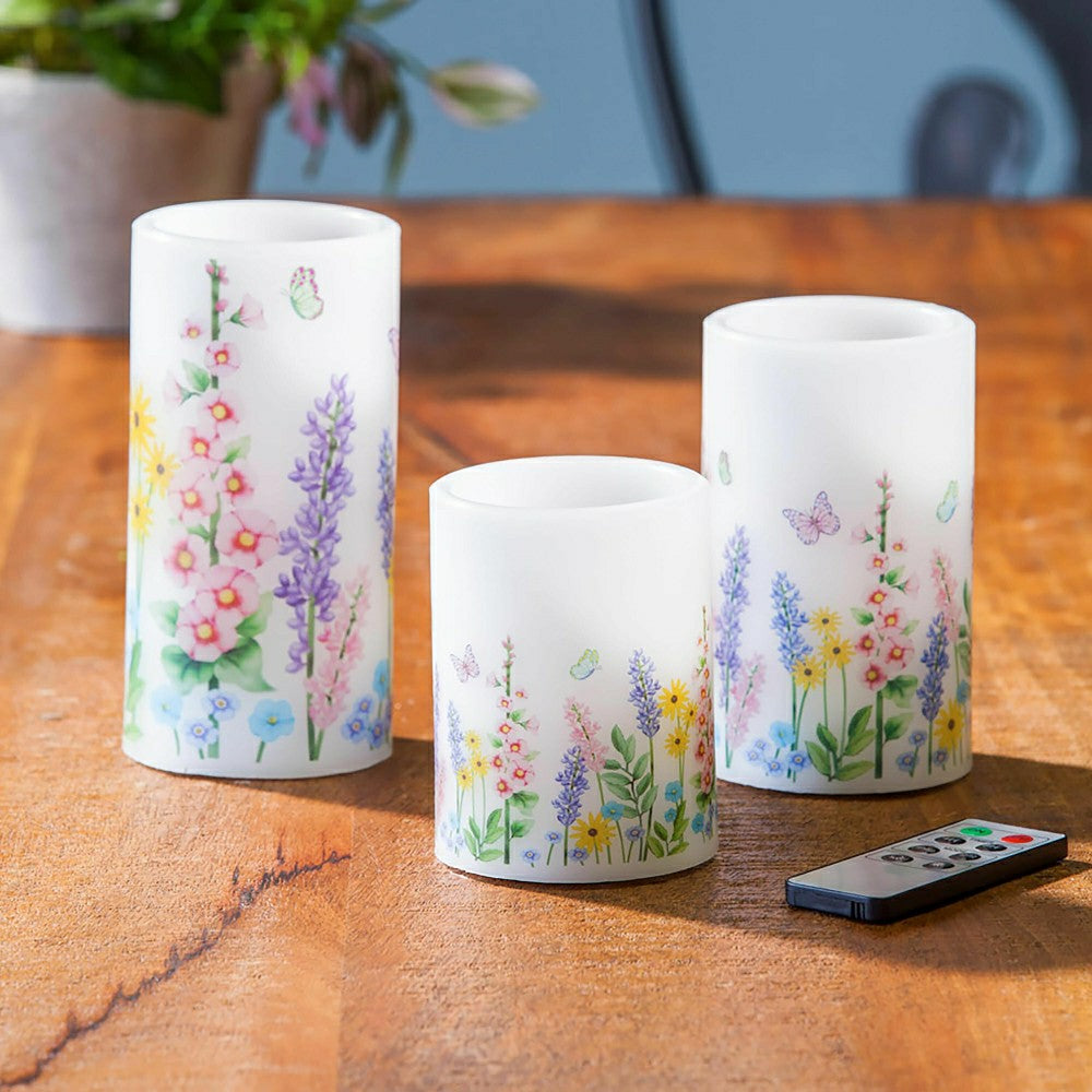 Plow & Hearth Flameless Pillar Candles with Floral Designs, Set of 3