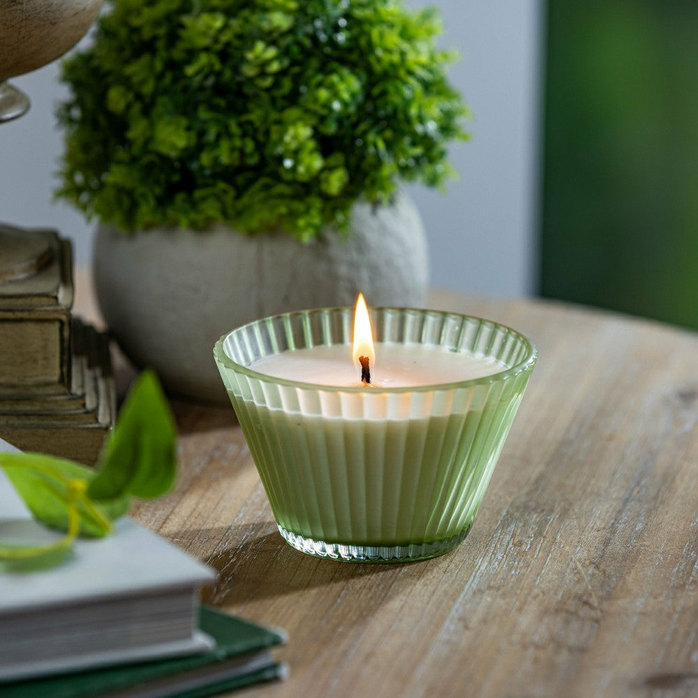 Plow & Hearth Ribbed Cupcake Glass Candle, Smoke Green