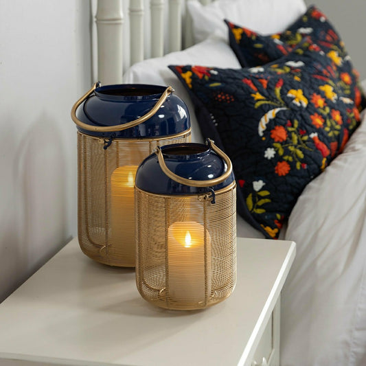 Plow & Hearth Blue and Gold Metal Lanterns, Set of 2
