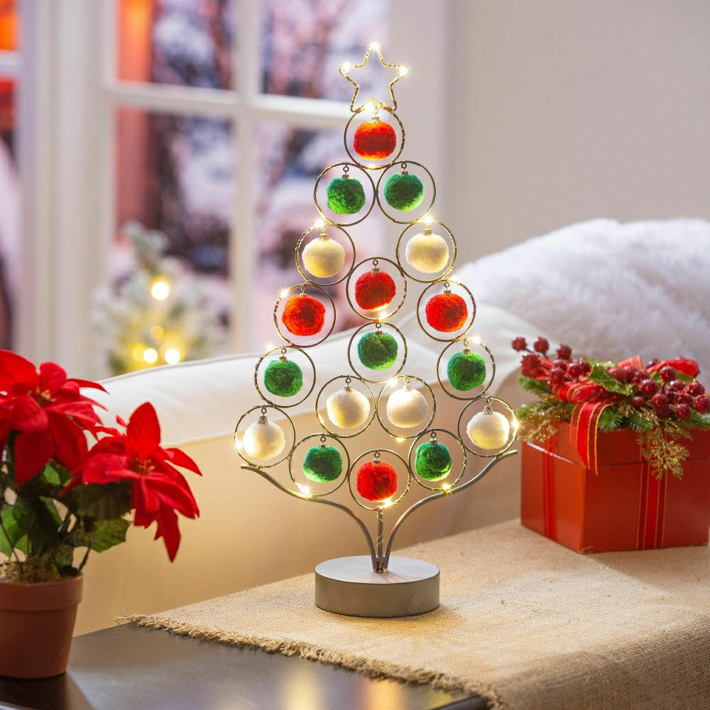 Plow & Hearth LED Tree with Pom Pom Ornaments Metal Table Décor, 16"