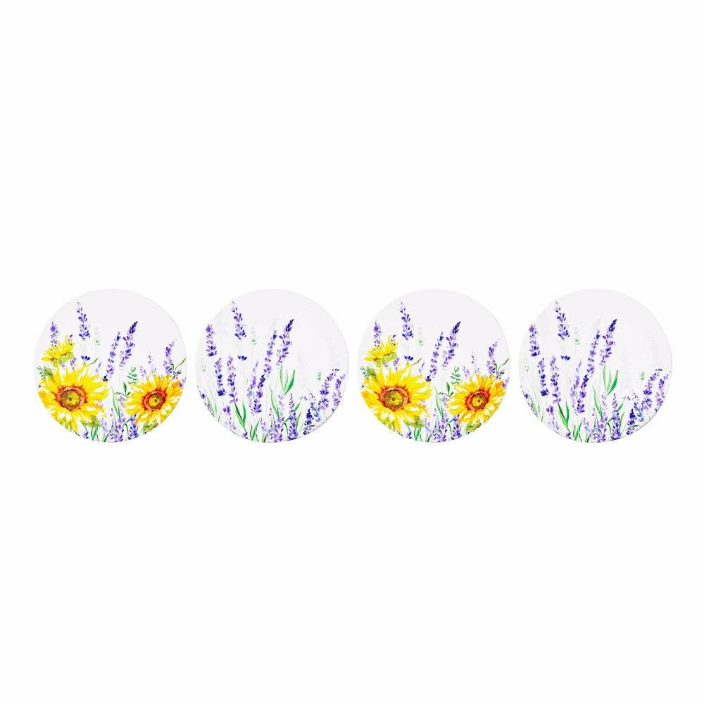 Plow & Hearth Lavender Fields Round Coasters w/ Caddy, Set of 4, Gift Box