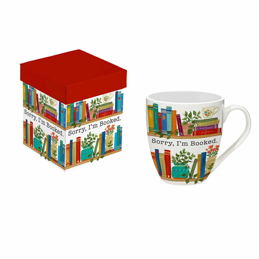 Plow & Hearth Coffee Cup Ceramic Cup O' Java, Sorry I'm Booked, 17oz, Gift Box