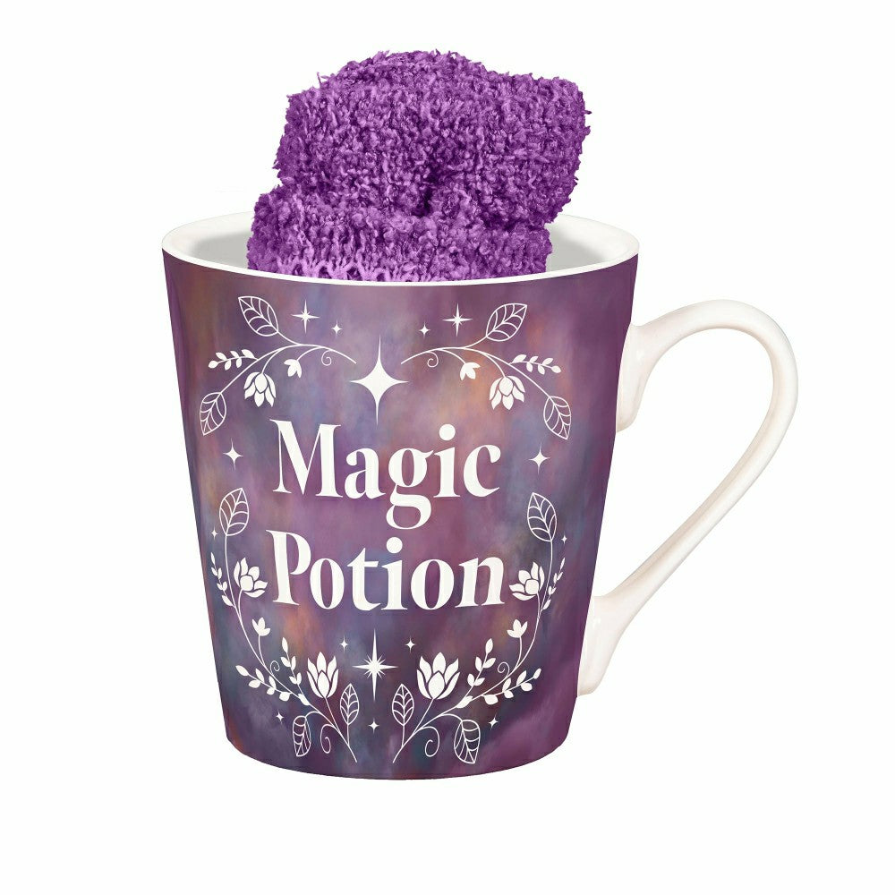 Plow & Hearth Magic Potion Ceramic Cup Flare Cup and Purple Socks Gift Set, 12oz, Gi