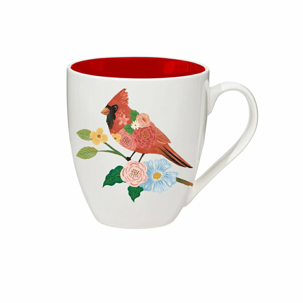 Plow & Hearth Cottage Garden Coffee Cup Ceramic Cup O' Java, Cardinal, 17oz, Gift Bo