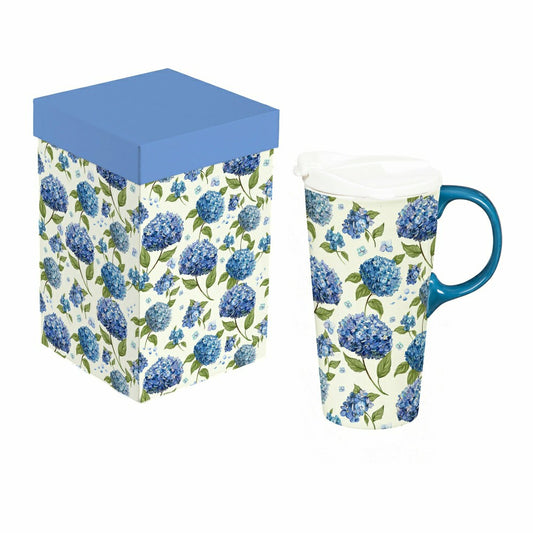 Plow & Hearth VivaStyle Ceramic Perfect Cup, Hydrangeas, 17oz, Gift Box