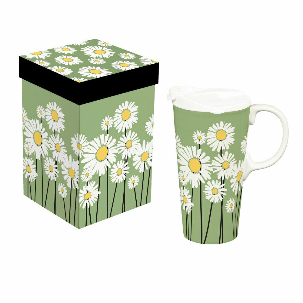 Plow & Hearth Cottage Garden Ceramic Perfect Cup, Daisies, 17oz, Gift Box