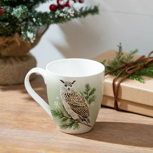 Plow & Hearth Winter Grove Coffee Cup Ceramic Cup O' Java, Owl, 17oz, Gift Box