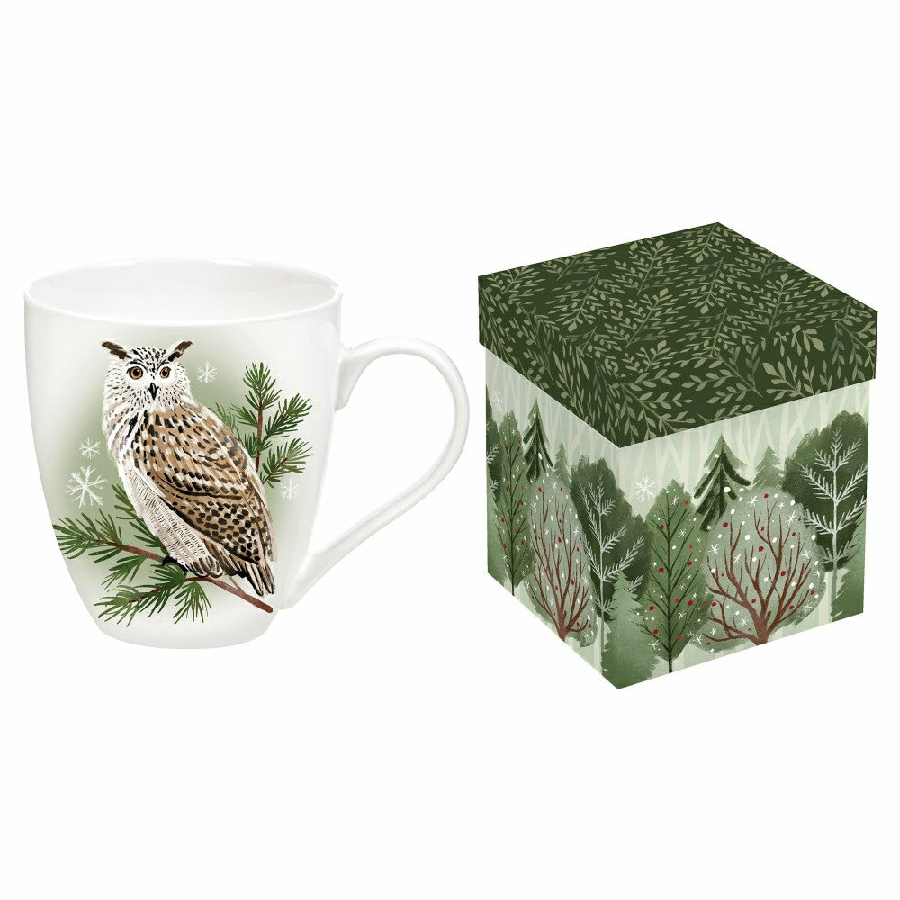Plow & Hearth Winter Grove Coffee Cup Ceramic Cup O' Java, Owl, 17oz, Gift Box